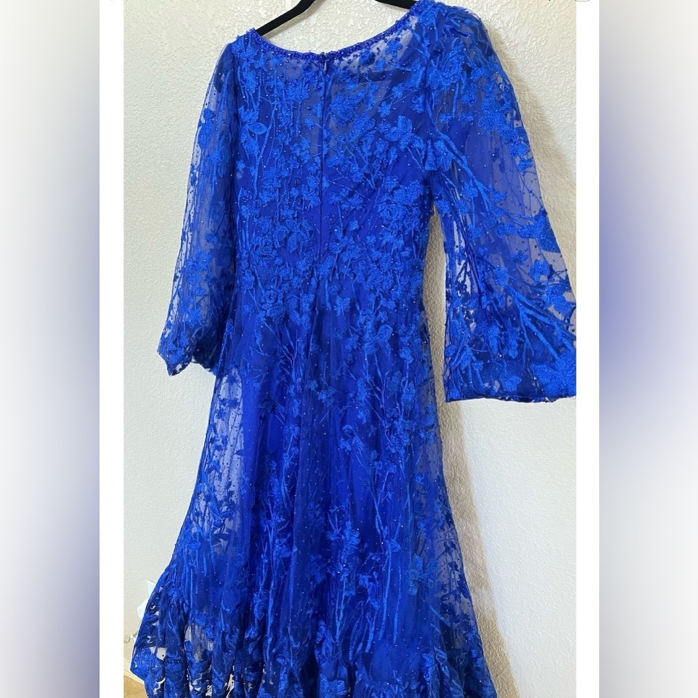 New Mac Duggal 20512 V Neck Mech Puff Sleeve A Line Embellished Dress Blue Sz 8 - Picture 7 of 9